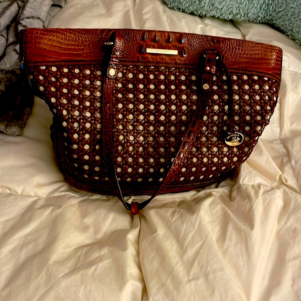 Brown with tan Brahmin pocketbook.